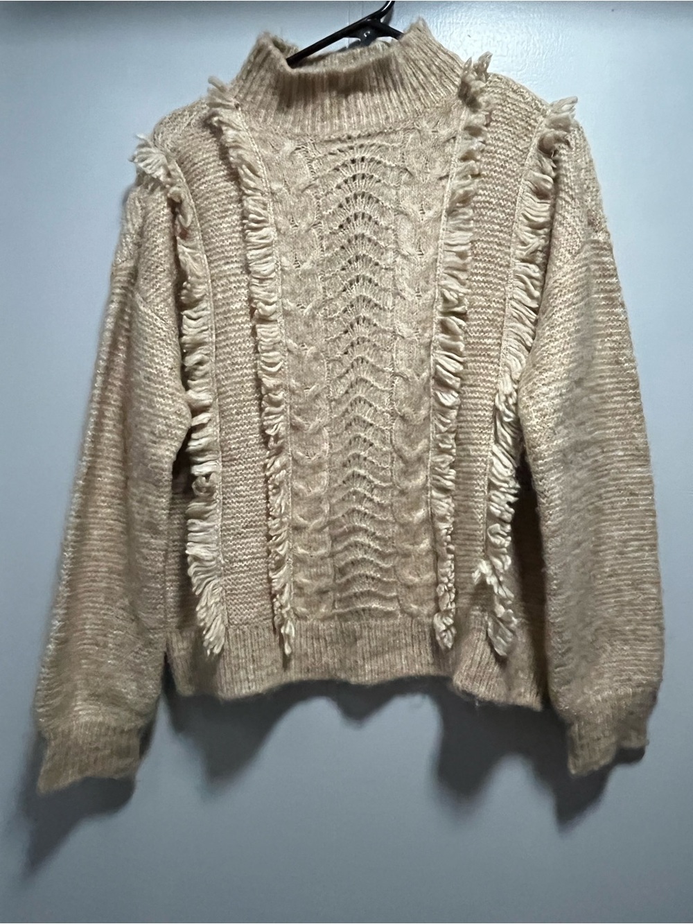 LOFT Cream Fringe Cable Turtleneck Sweater